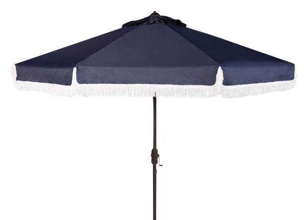 Pat8008a 9 Ft. Milan Fringe Crank Outdoor Push Button Tilt Umbrella, Navy & White
