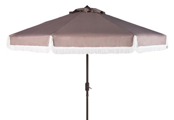 Pat8008b 9 Ft. Milan Fringe Crank Outdoor Push Button Tilt Umbrella, Grey & White