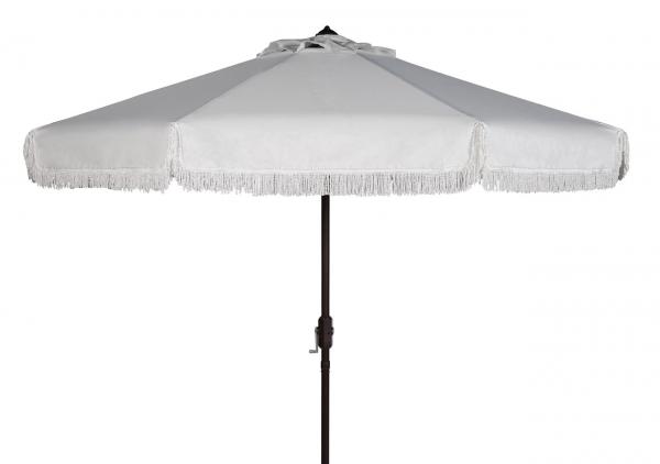 Pat8008c 9 Ft. Milan Fringe Crank Outdoor Push Button Tilt Umbrella, White & White