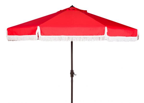 Pat8008e 9 Ft. Milan Fringe Crank Outdoor Push Button Tilt Umbrella, Red & White