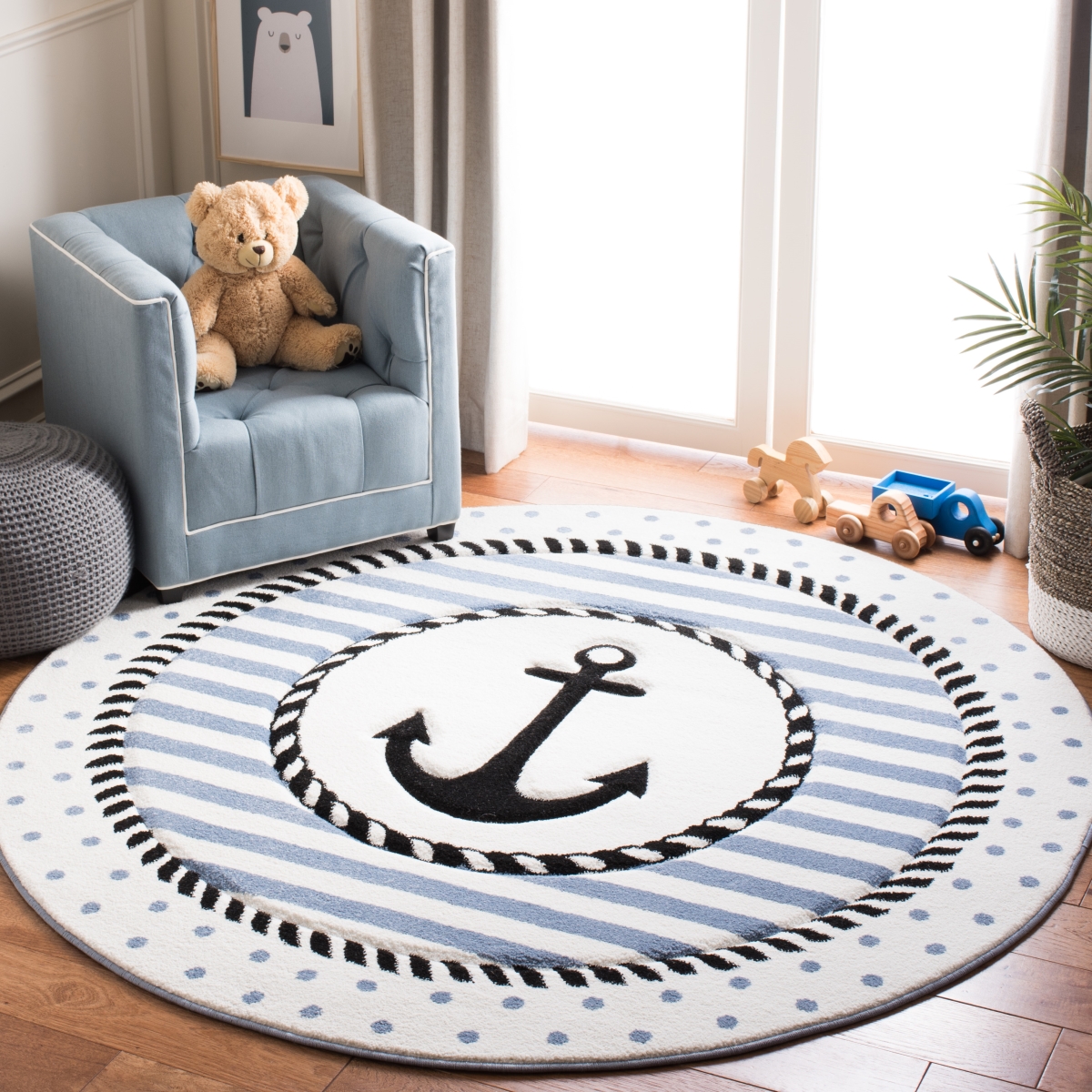 Crk124a-5r 5 Ft. 3 In. X 5 Ft. 3 In. Carousel Kids Round Power Loomed Rug, Ivory & Navy