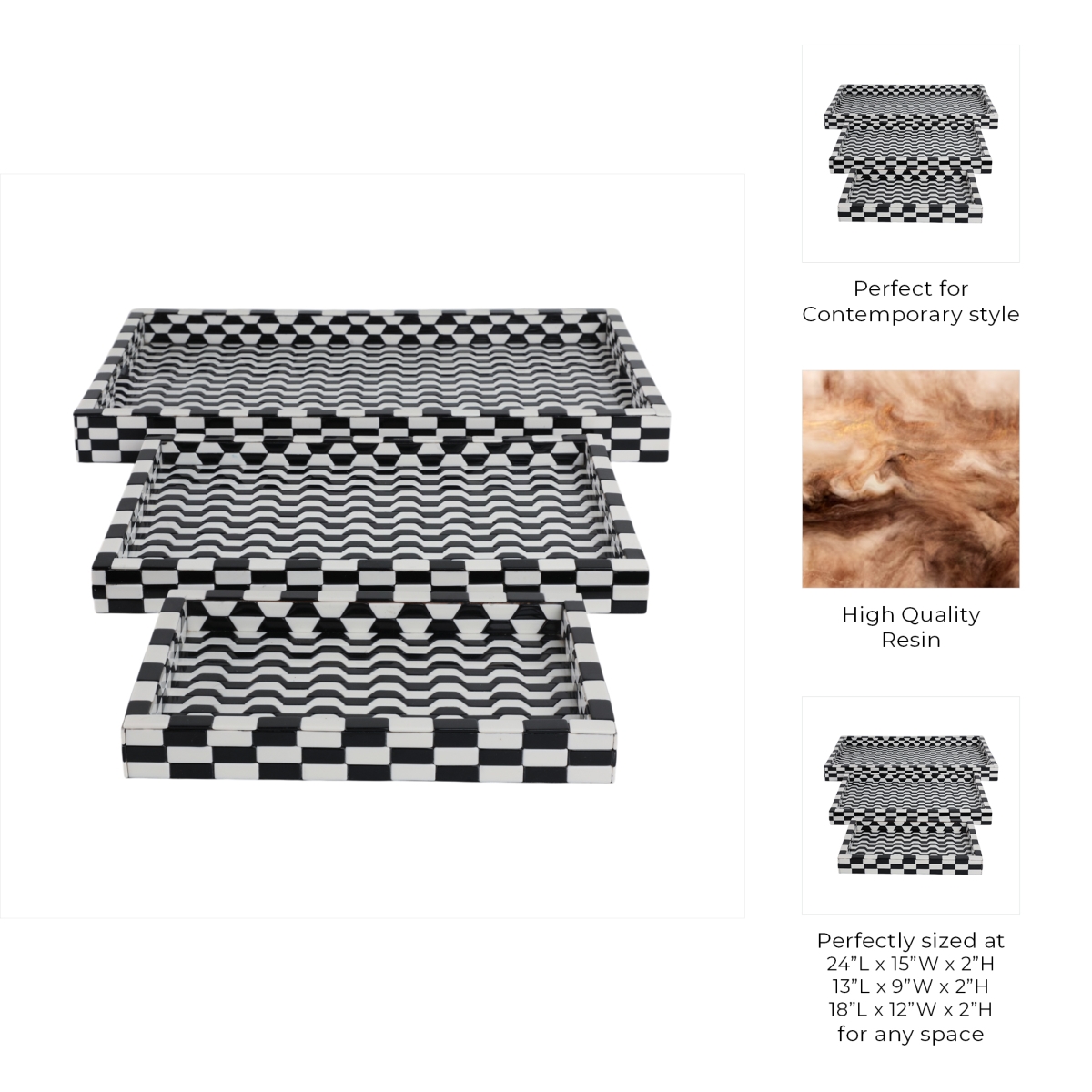 Picture of Sagebrook Home 21538 13-18-24 in. Geo 3D Resin Trays, Black & White - Set of 3