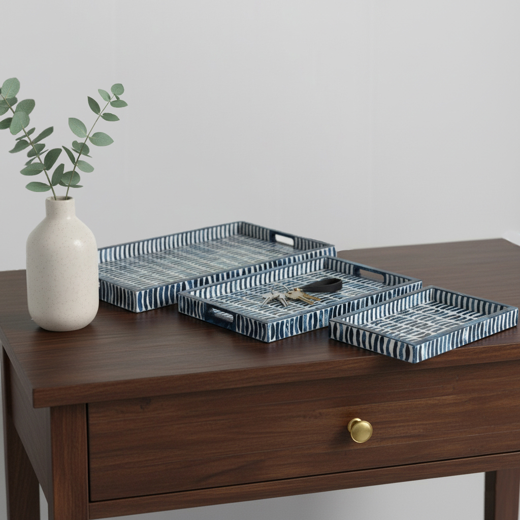 Picture of Sagebrook Home 21539 13-18-24 in. Trays with Inlay Pieces, Blue & White - Set of 3