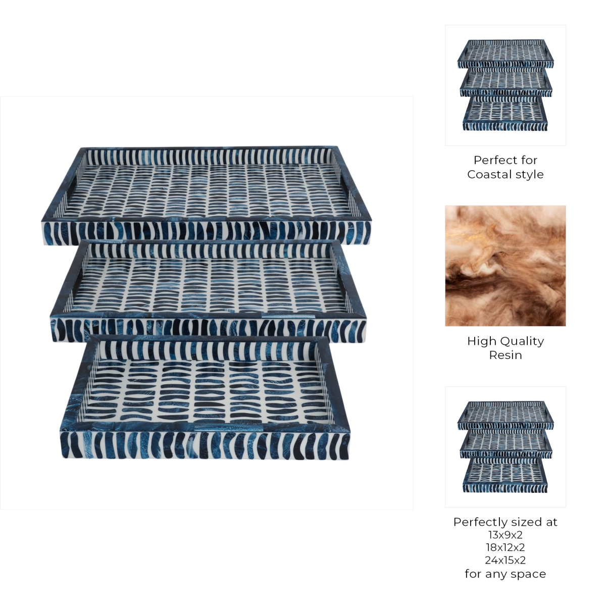 Picture of Sagebrook Home 21539 13-18-24 in. Trays with Inlay Pieces, Blue & White - Set of 3