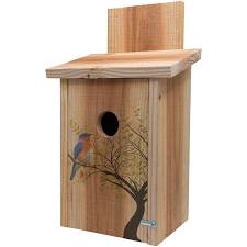 Decorative Bird In Tree Design On Cedar Blue Bird House