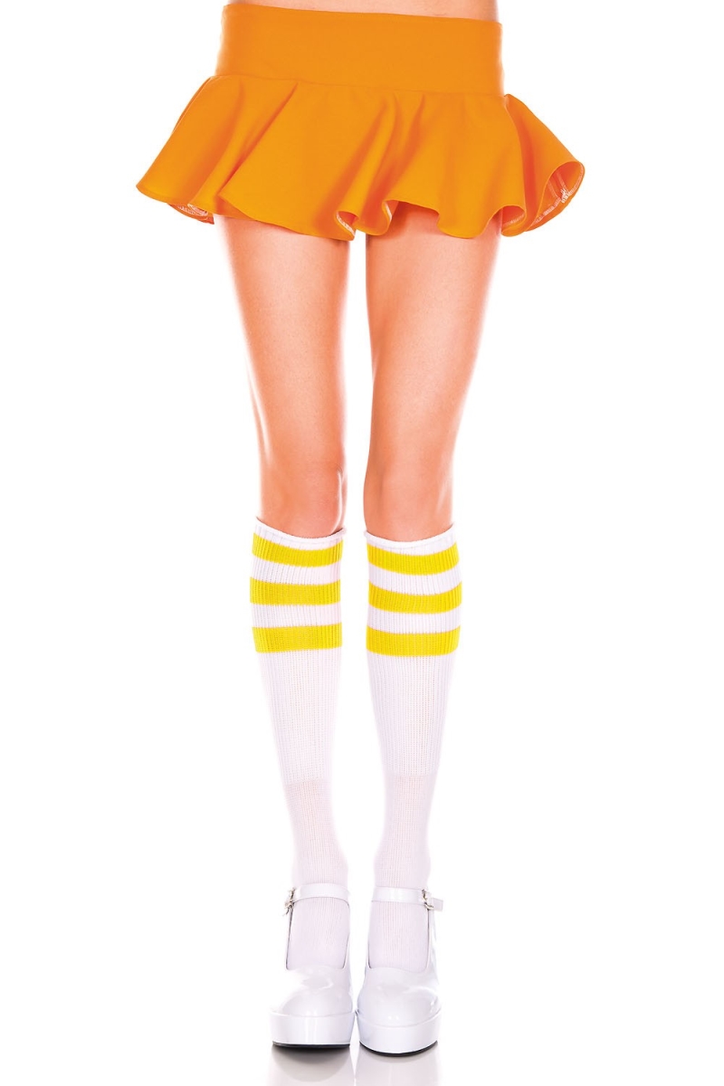 5726-white-yellow Acrylic Knee High Socks With Striped Top, White & Yellow