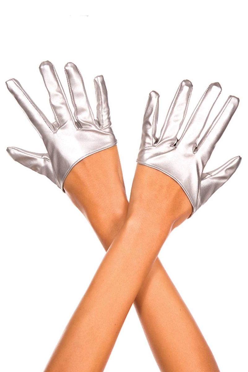 484-silver Short Wet Look Gloves, Silver
