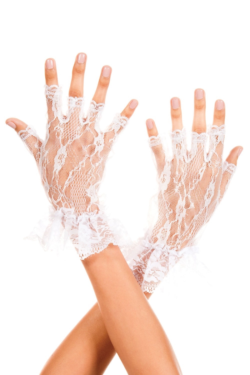 428-white Wrist Length Lace Fingerless Gloves, White