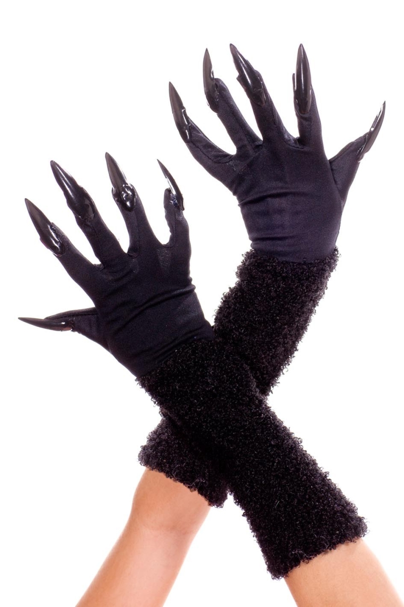 454-black Black Furry Gloves With Nails, Black