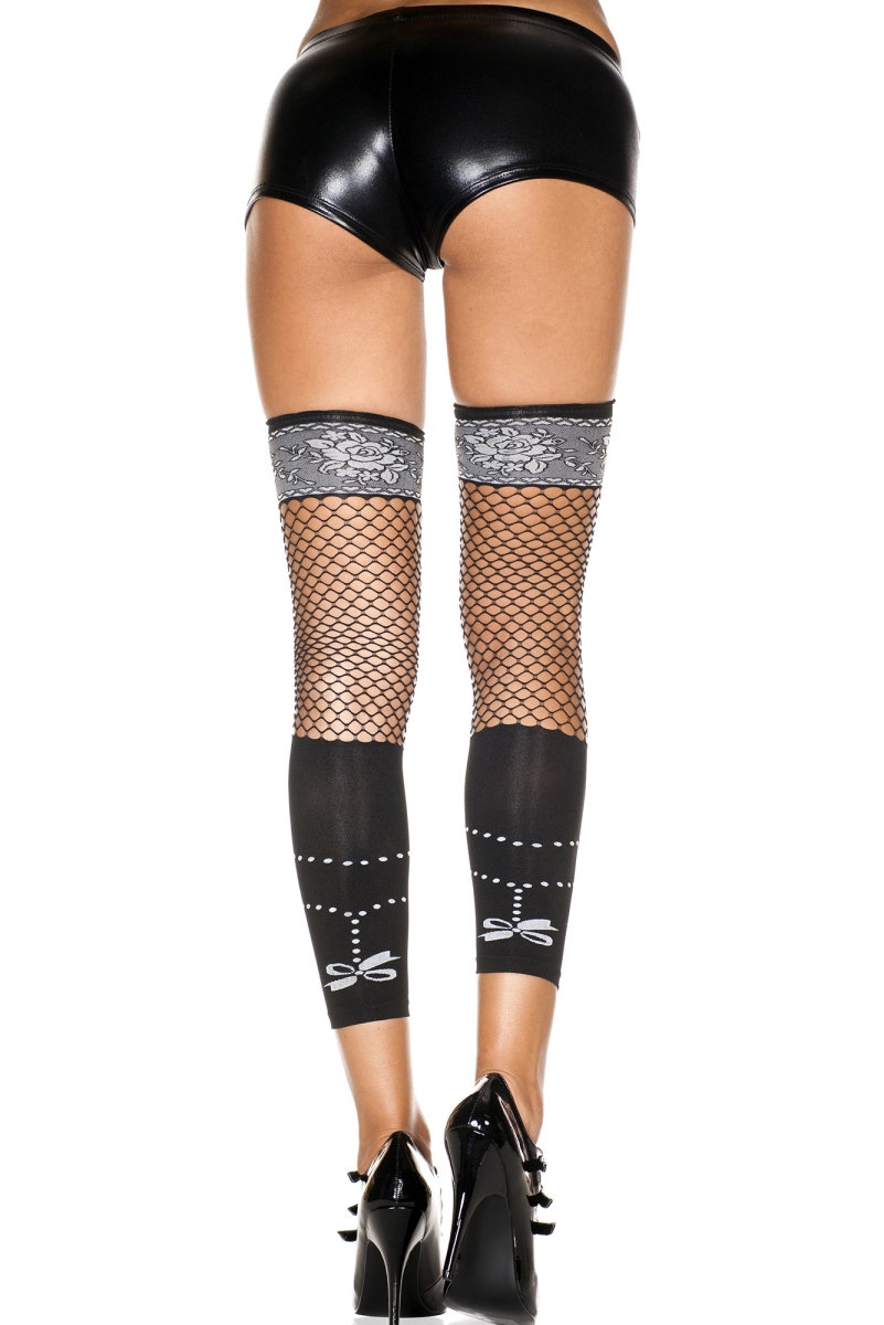 4801-black Spandex Diamond Net & Opaque Leg Warmers With Lace Design - Black