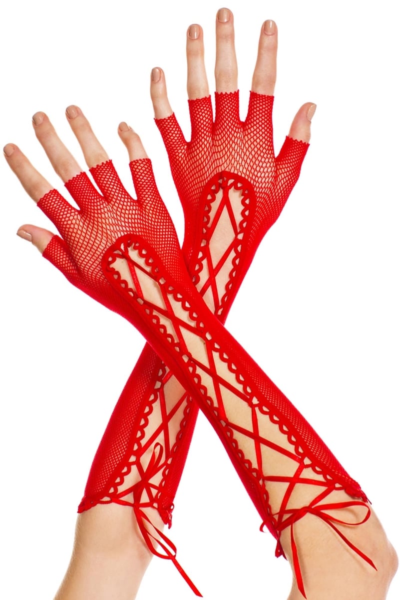433-red Fingerless Lace Up Fishnet Elbow Length Warmers Gloves - Red