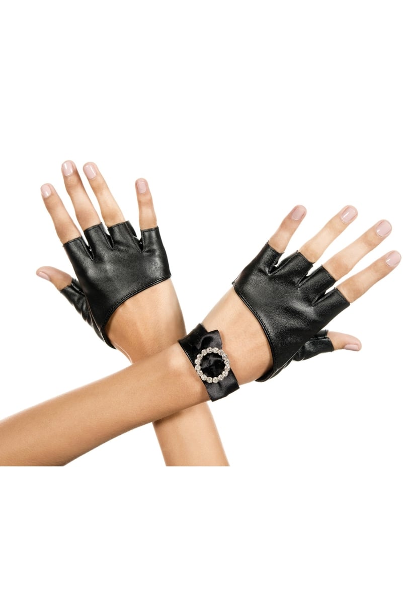 Metallic Fingerless Gloves With Rhinestone Wrist Band - Black