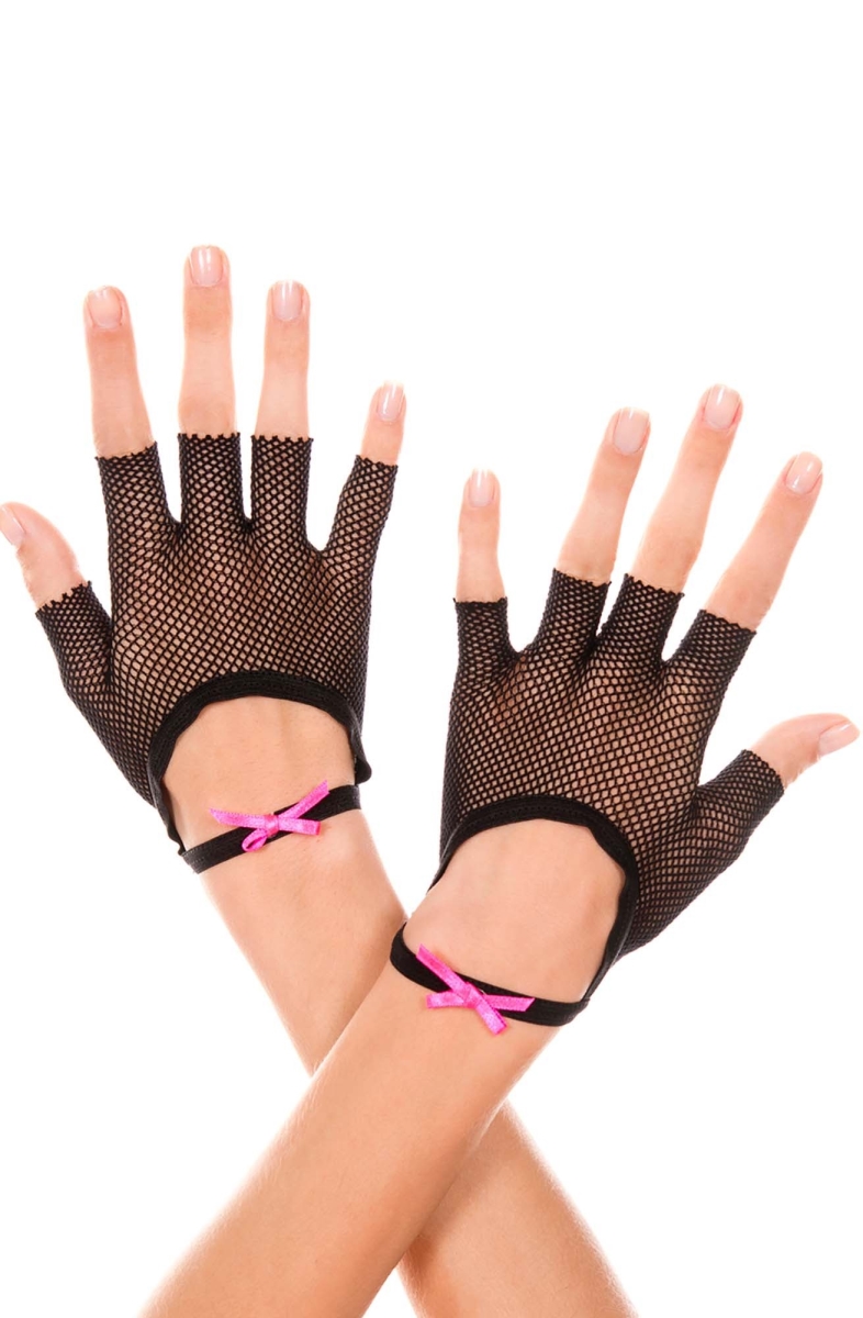 477-black-pink Fishnet Fingerless Gloves With Satin Bow Wrist Band - Black & Pink