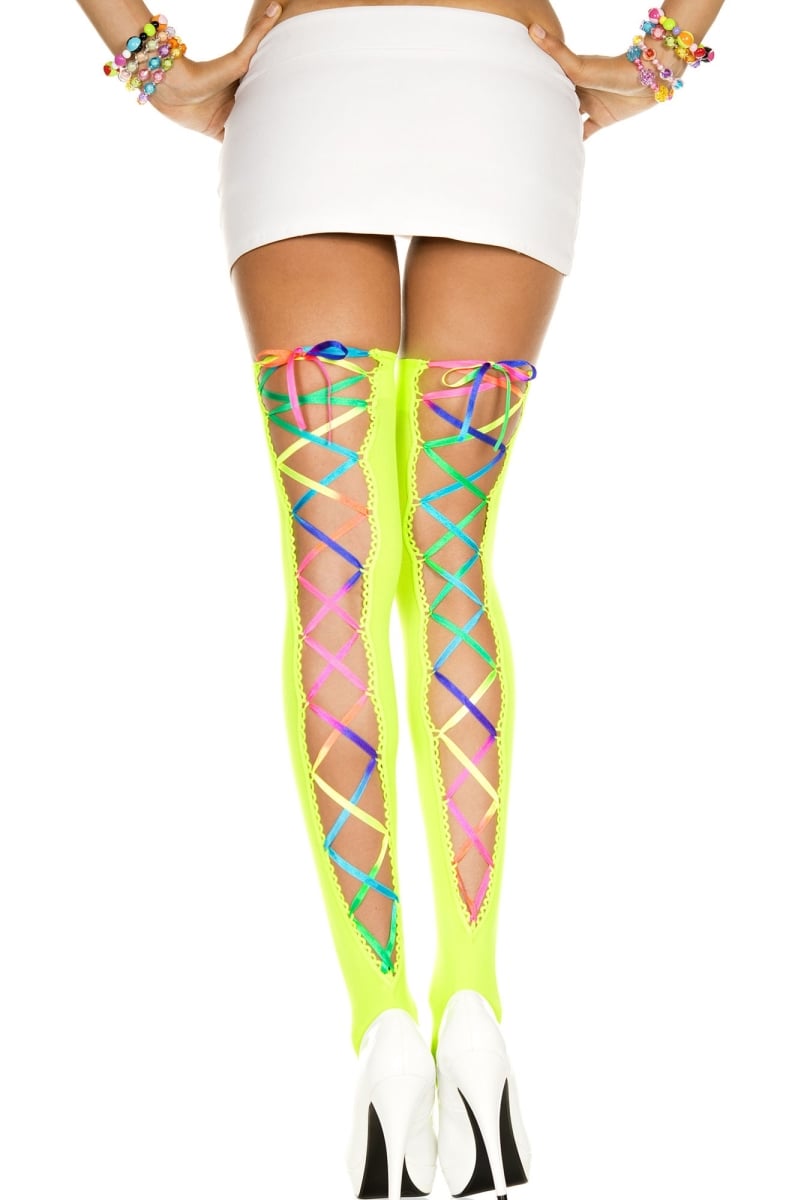 4210-ngreen-rainbow Rainbow Ribbon Lacing Opaque Stockings - Neon Green & Rainbow