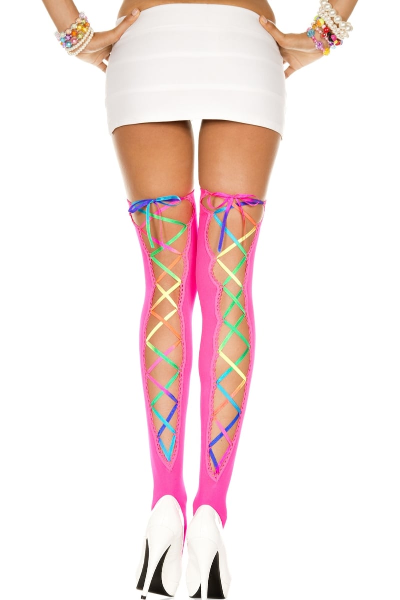 4210-npink-rainbow Rainbow Ribbon Lacing Opaque Stockings - Neon Pink & Rainbow