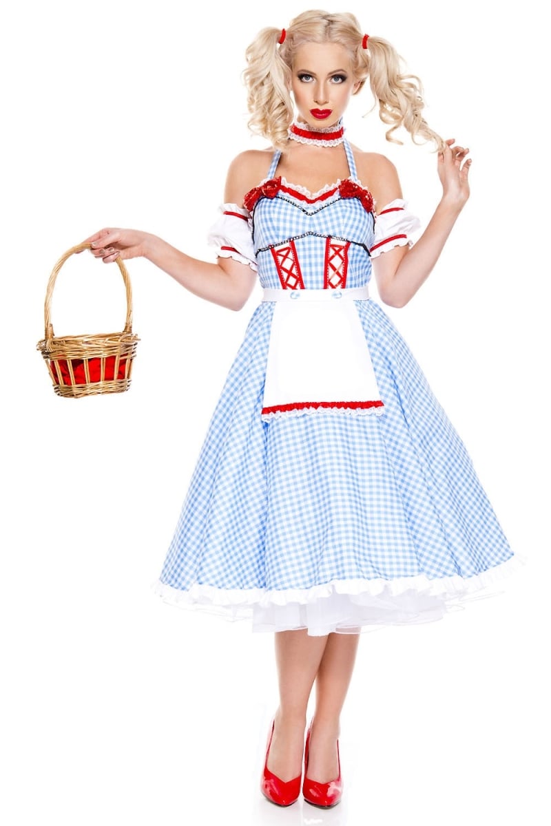 70739-ml 4 Piece Blue & White Gingham Long Print Dorothy Doll Dress With Hair Clips, Choker & Puff Sleeves - Medium & Large