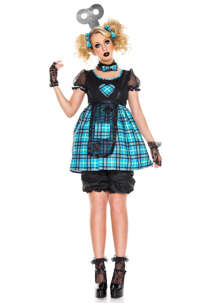 70830-sm 5 Piece Checker With Mesh Rag Doll Dress With Bloomer Shorts, Wind-up Headpiece, Hair Clips & Choker - Small & Medium