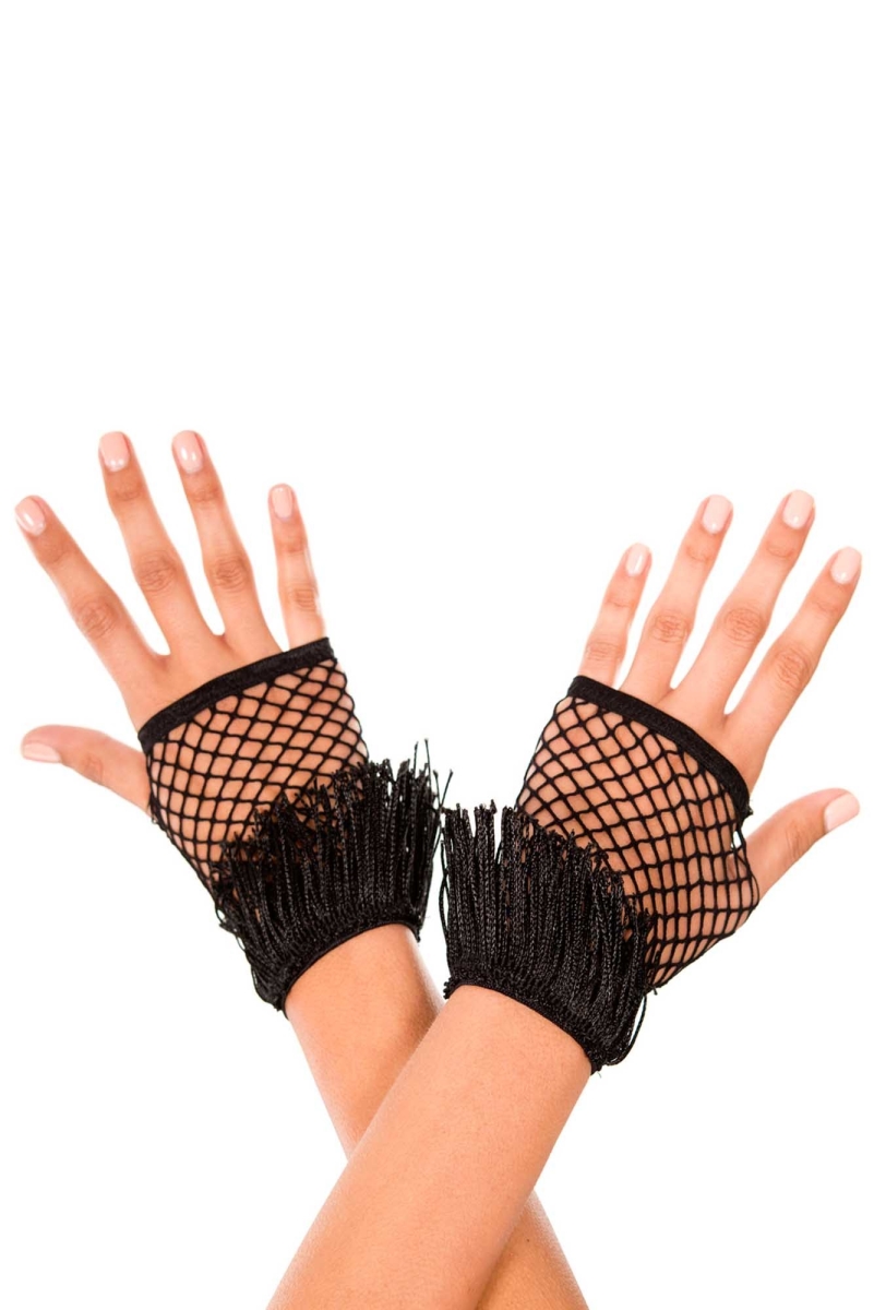 444-black Fringed Mini Diamond Net Gloves, Black
