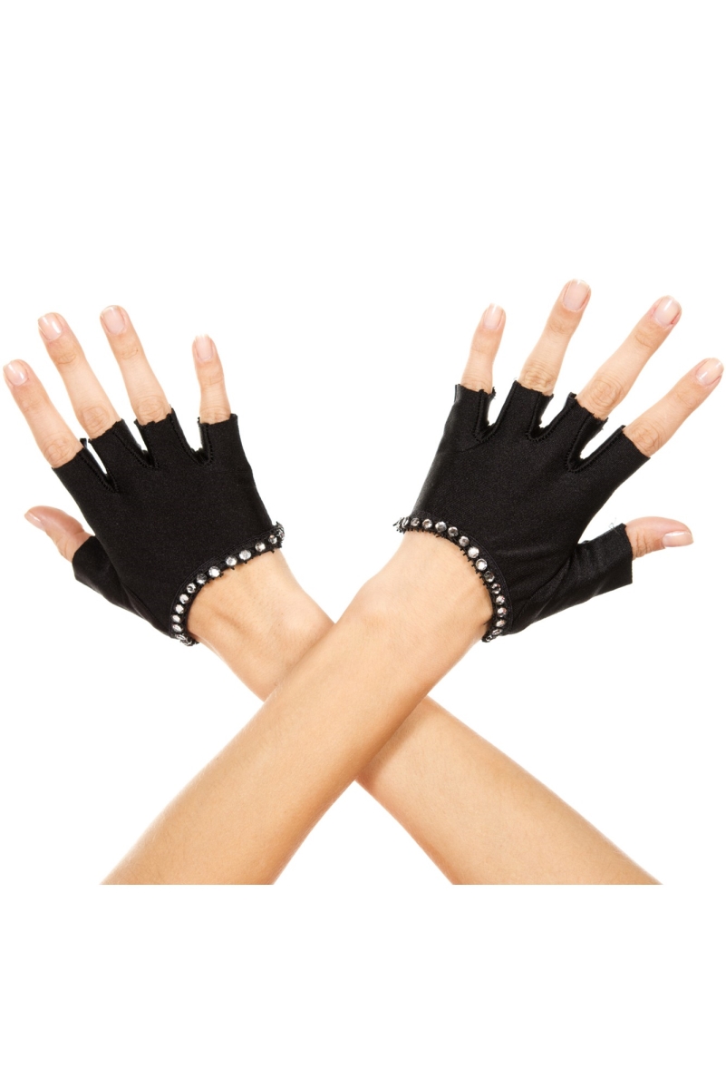 458-black Faux Rhinestones Trim Fingerless Gloves, Black
