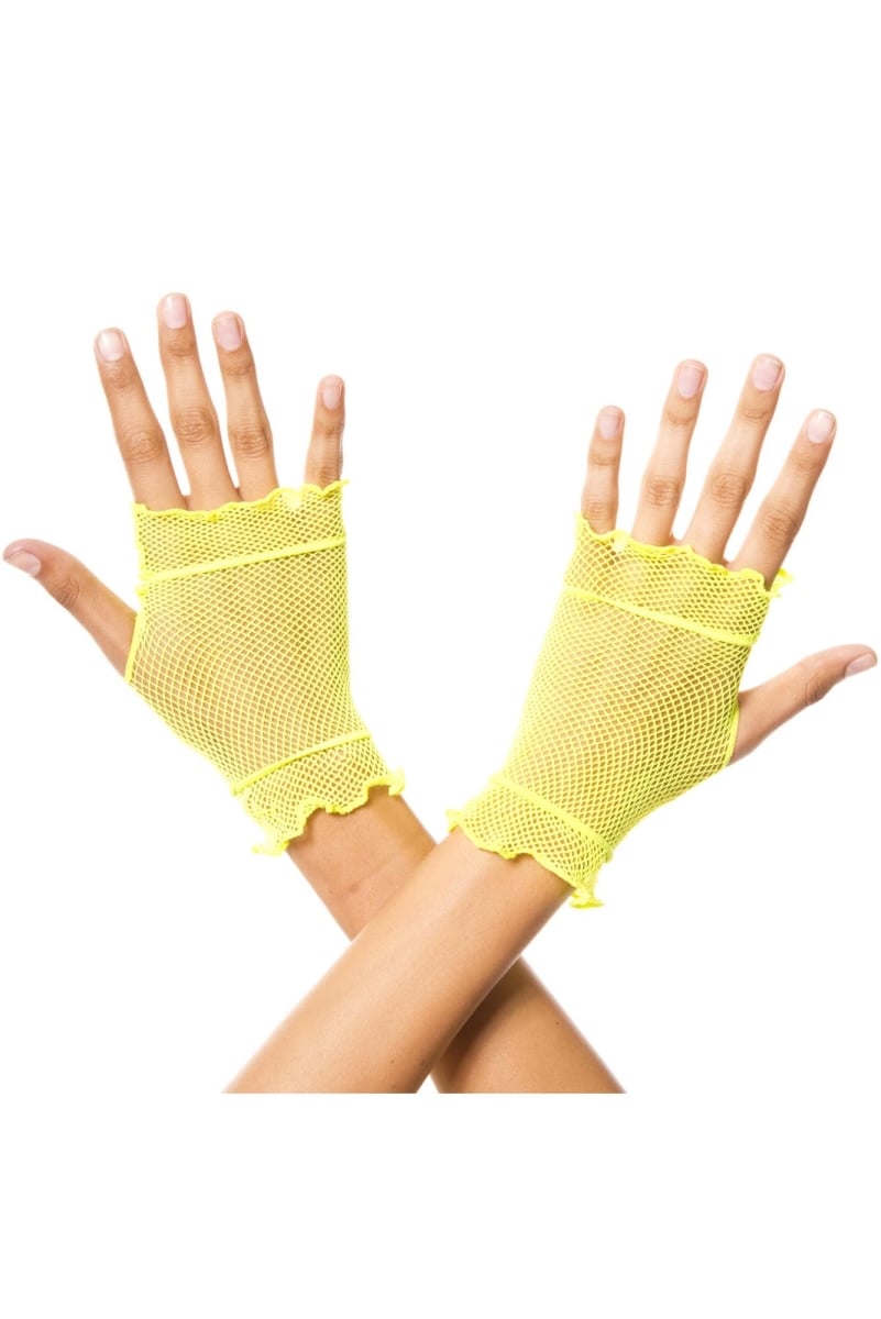 438-ngreen Flounce Fishnet Gloves, Neon Green