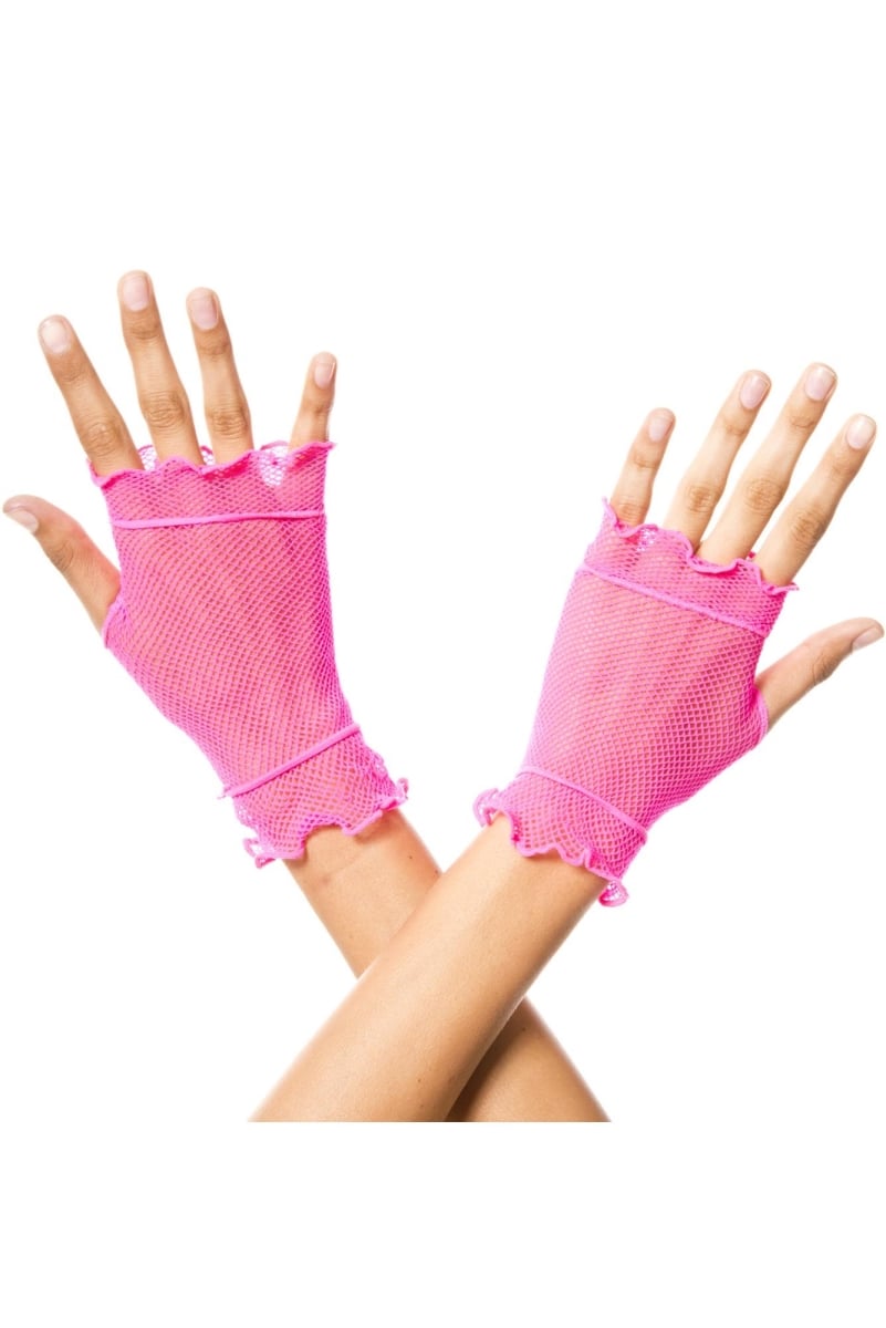 438-npink Flounce Fishnet Gloves, Neon Pink