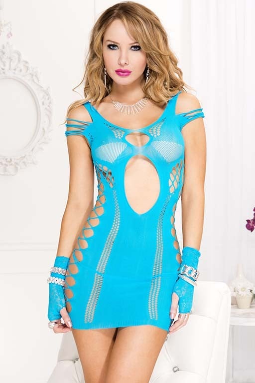 6704-turquoise Off The Shoulder Side Net Spandex Cutout Dress, Turquoise