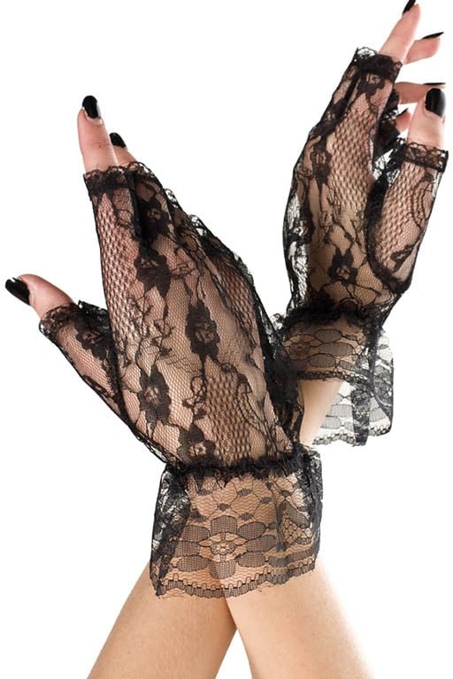 428-black Wrist Length Lace Fingerless Gloves, Black