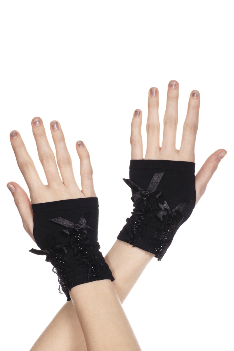 485-black Fingerless Gloves With Ribbon Lacing, Black