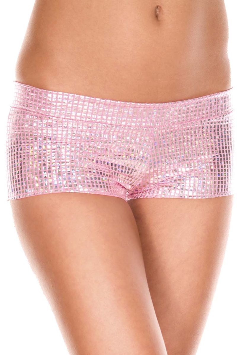 124-silver-npink Metallic Pink Square Pattern Booty Shorts, Silver & Neon Pink