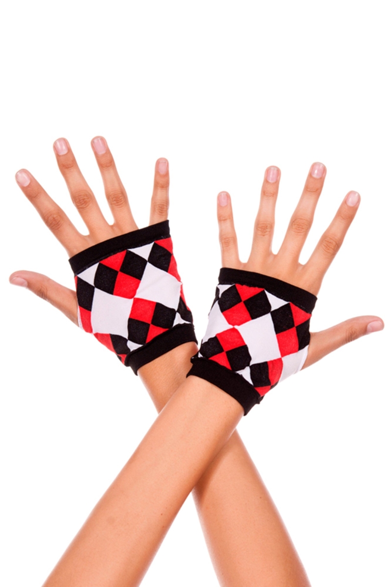 471-blk-whi-red Opaque Fingerless Gloves With Jester Diamond Print, Black, White & Red