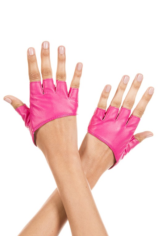 463-hotpink Short Faux Leather Fingerless Gloves, Hot Pink
