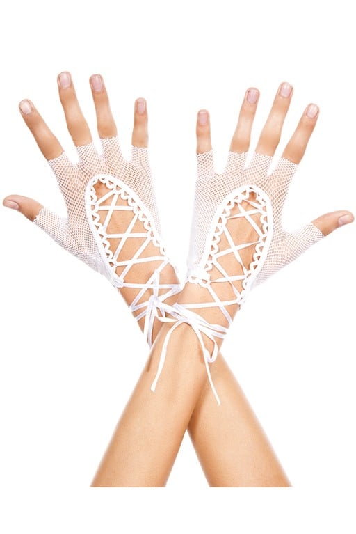 413-white Lace Up Wrist Length Fishnet Fingerless Warmer, White