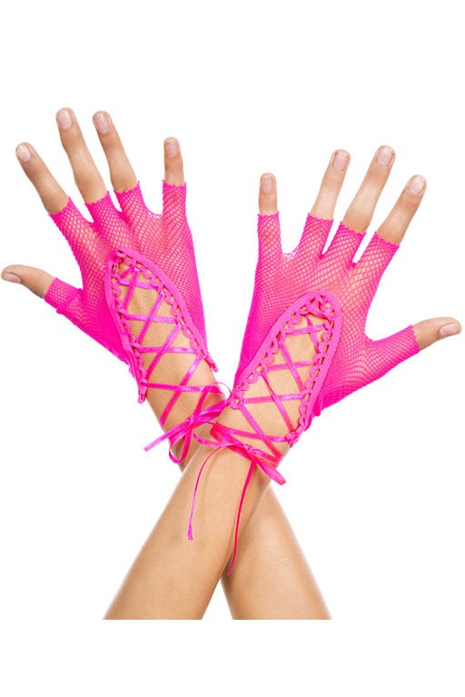 413-hotpink Lace Up Wrist Length Fishnet Fingerless Gloves, Hot Pink