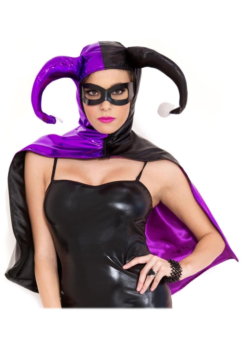 70678-purple-black Wet Look Harley Zip Up Cape With Mask Cape, Purple & Black