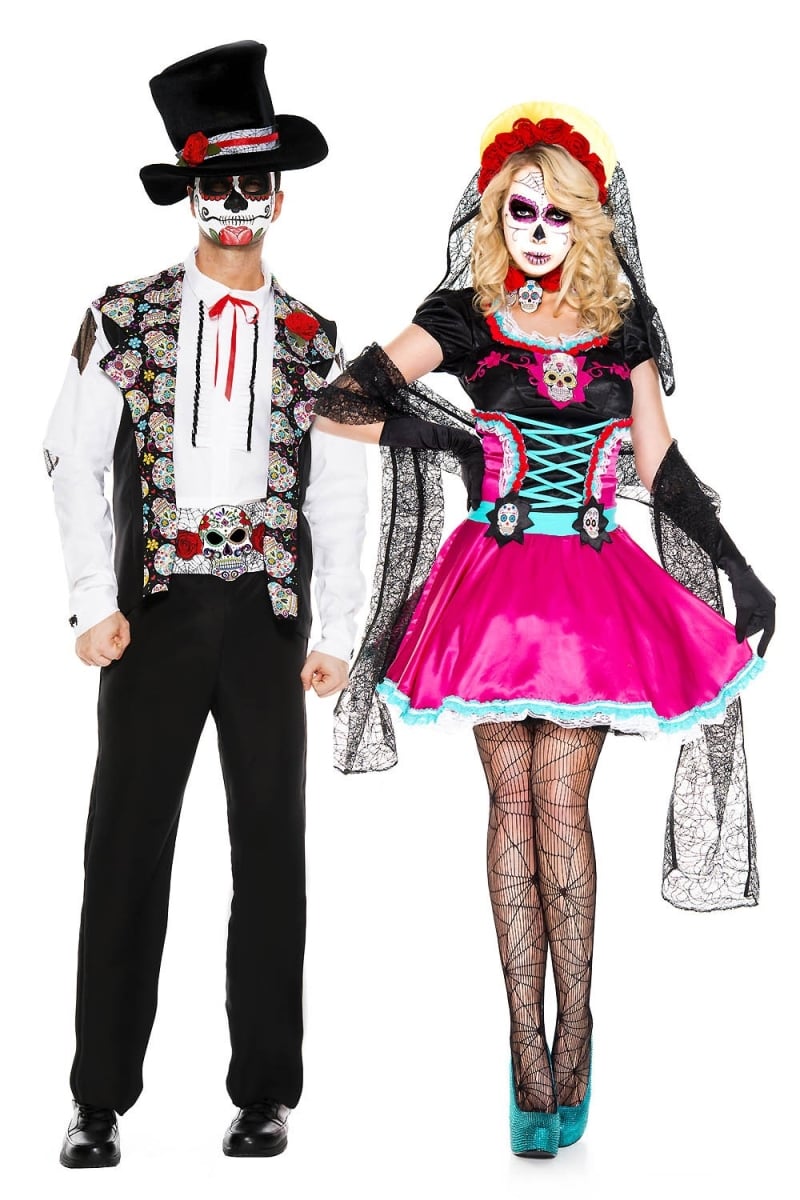 76629-l 5 Piece Long Sleeve Shirt With Front Ruffle & A Skeleton Fiesta Printed Vest & Hat, Mask & Belt, Large