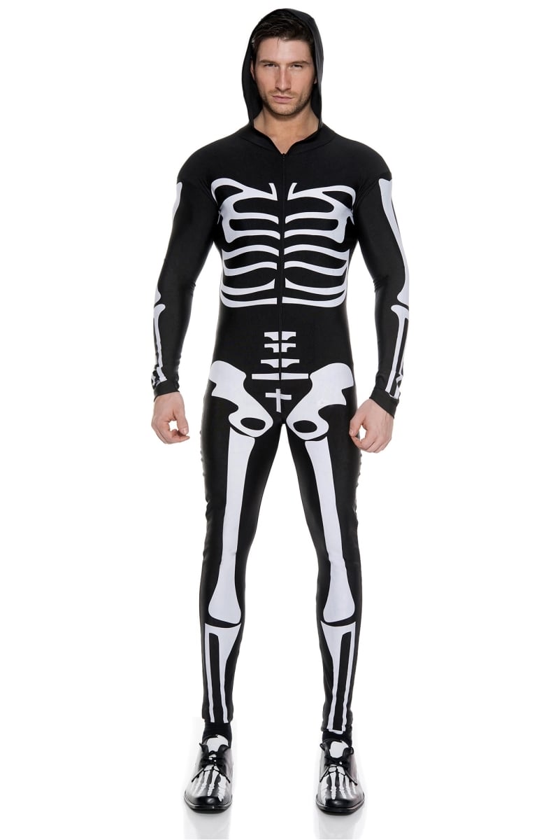 76630-m Skeleton Printed Long Sleeve Zip Up Body Suit With Attached Hood, Medium