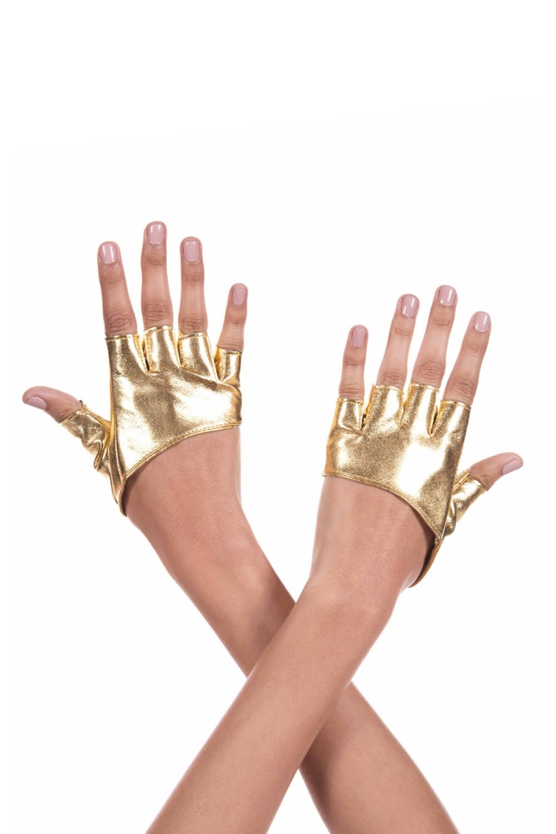 463-gold Short Faux Leather Fingerless Gloves, Gold