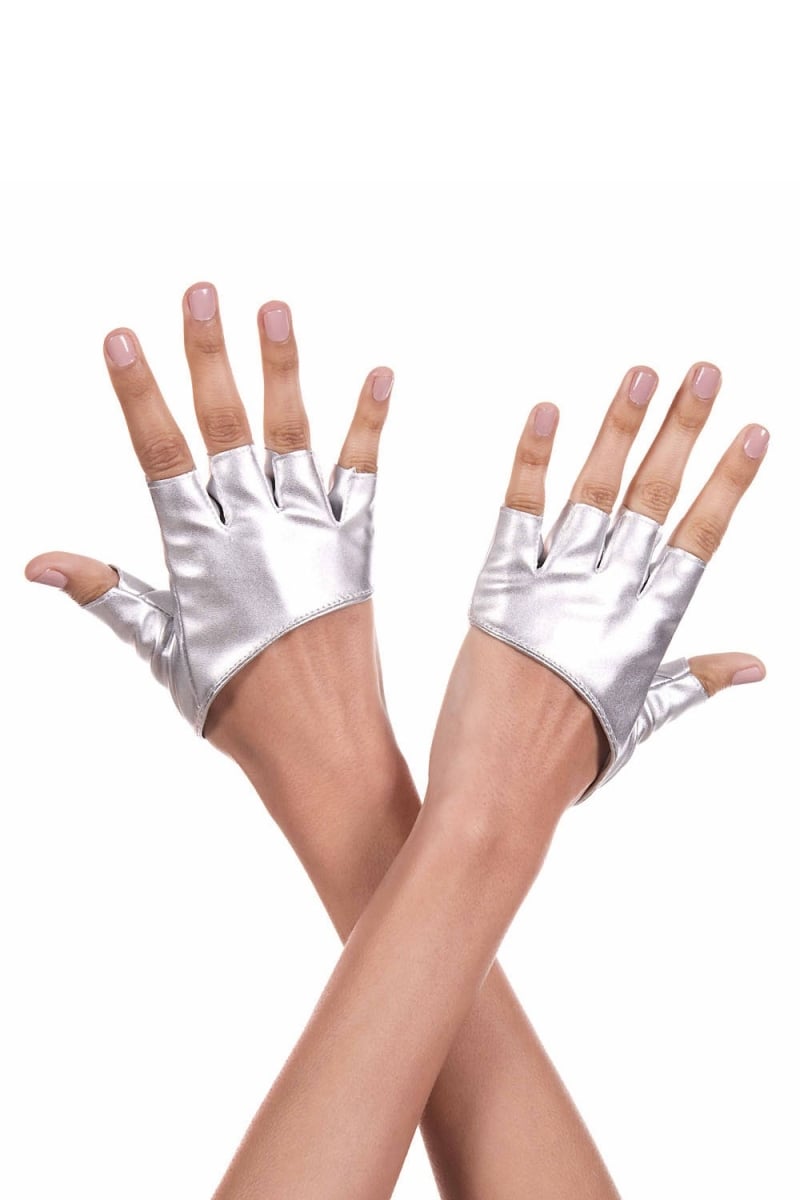 463-silver Short Faux Leather Fingerless Gloves, Silver