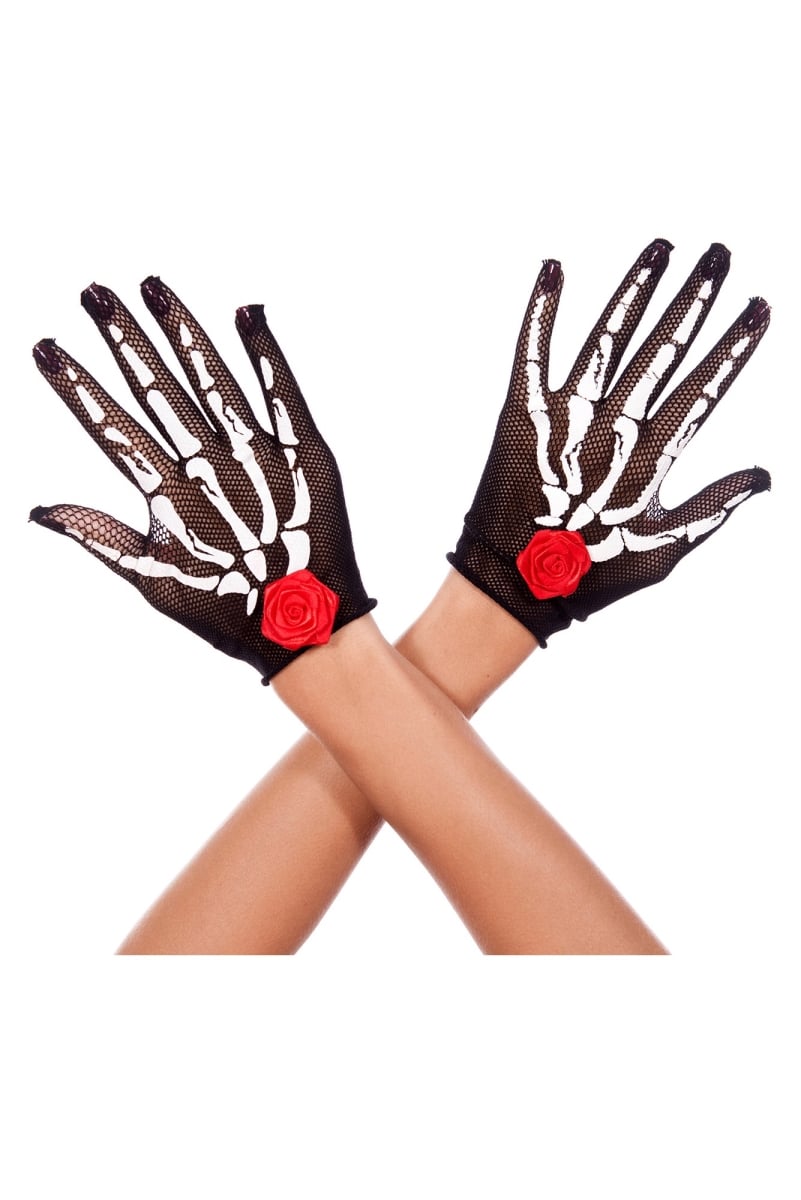 429-blk-whi-red Skeleton & Rose Print Fishnet Gloves, Black, White & Red