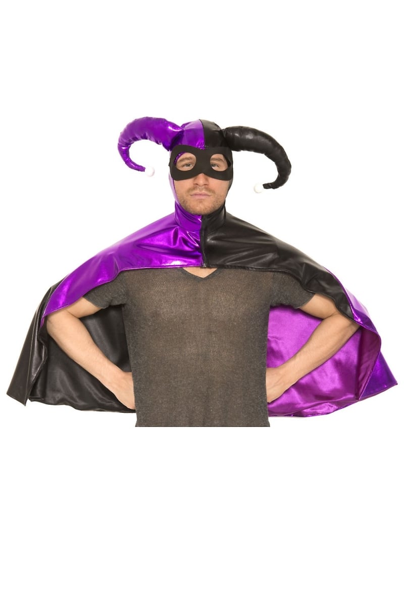 76639-purple-black Wet Look Harley Zip Up Cape With Mask, Purple & Black