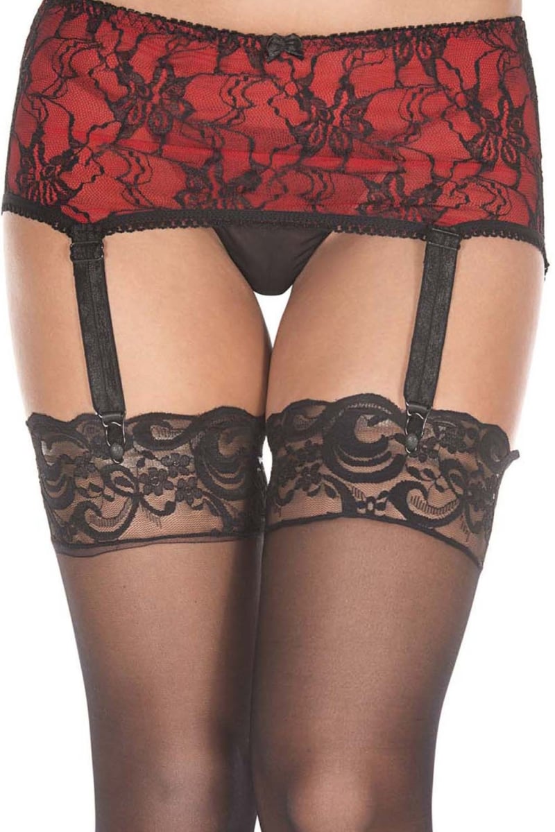 7734-red-black Spandex Flower Lace Mini Garter Skirt, Red & Black