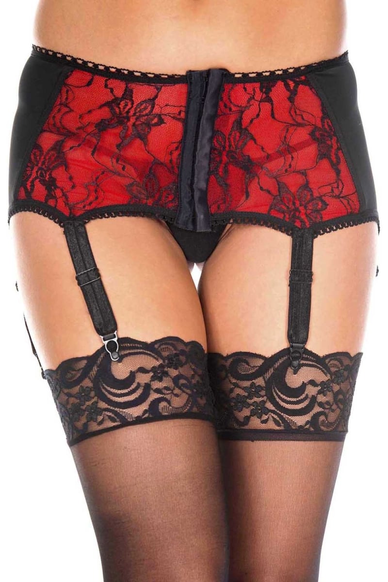 7729-black-red Spandex Corset Look Lace Garterbelt, Black & Red