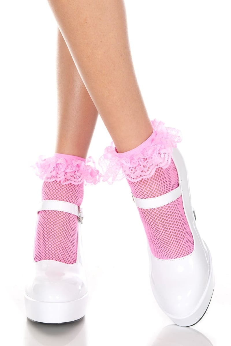 597-neonpink Fishnet Anklet With Ruffle Trim, Neon Pink