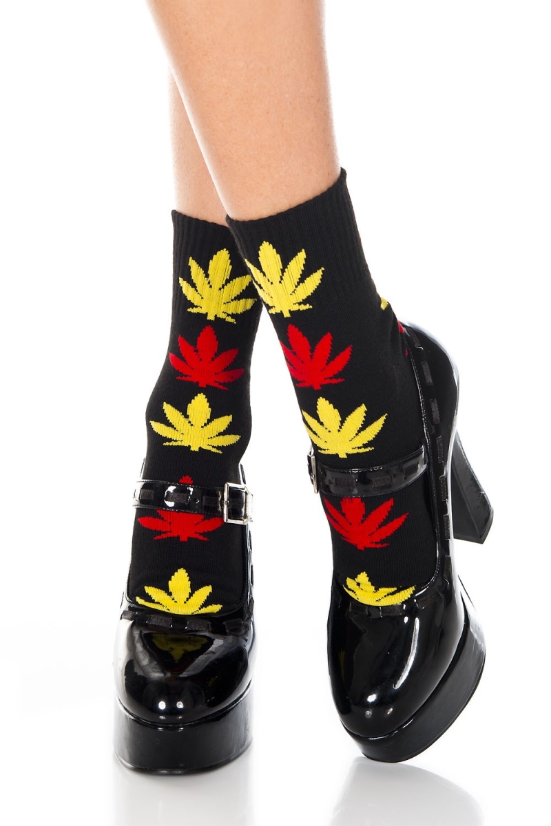 537-black-yellow-red Leaf Print Socks, Black, Yellow & Red