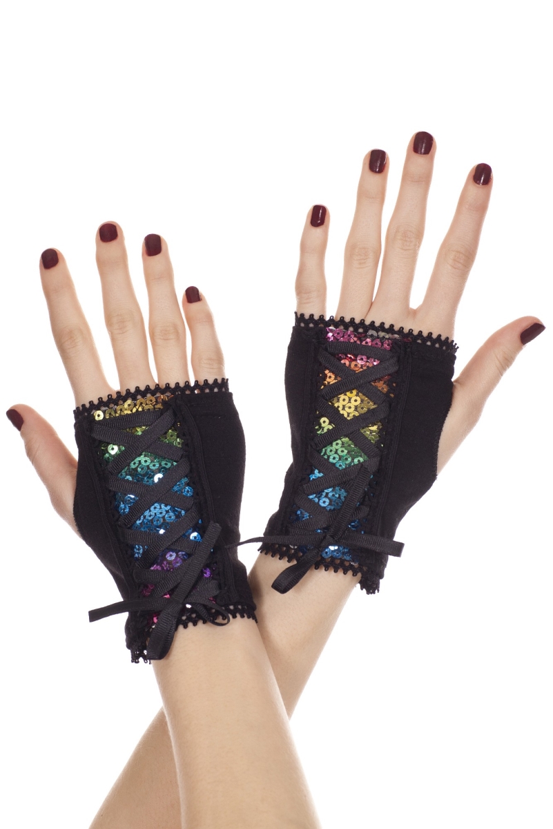 482-black Sequined Corset Fingerless Gloves, Black