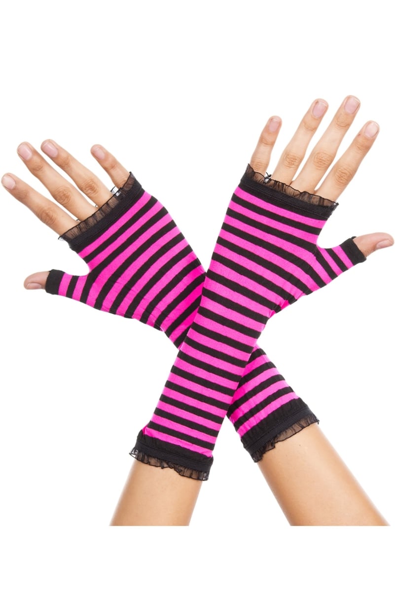 431-black-hotpink Opaque Stripes Warmer With Mini Lace Trim, Black & Hot Pink