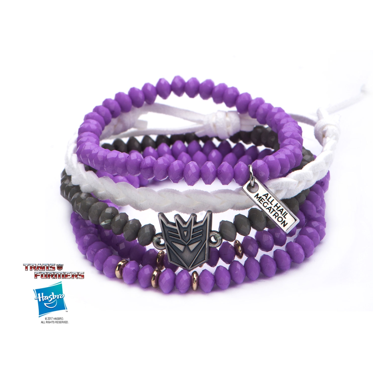 Tfdmltbr01 Transformers Base Metal Decepticon Face Acrylic Purple, Black Beads & White Cord Arm Party Bracelets