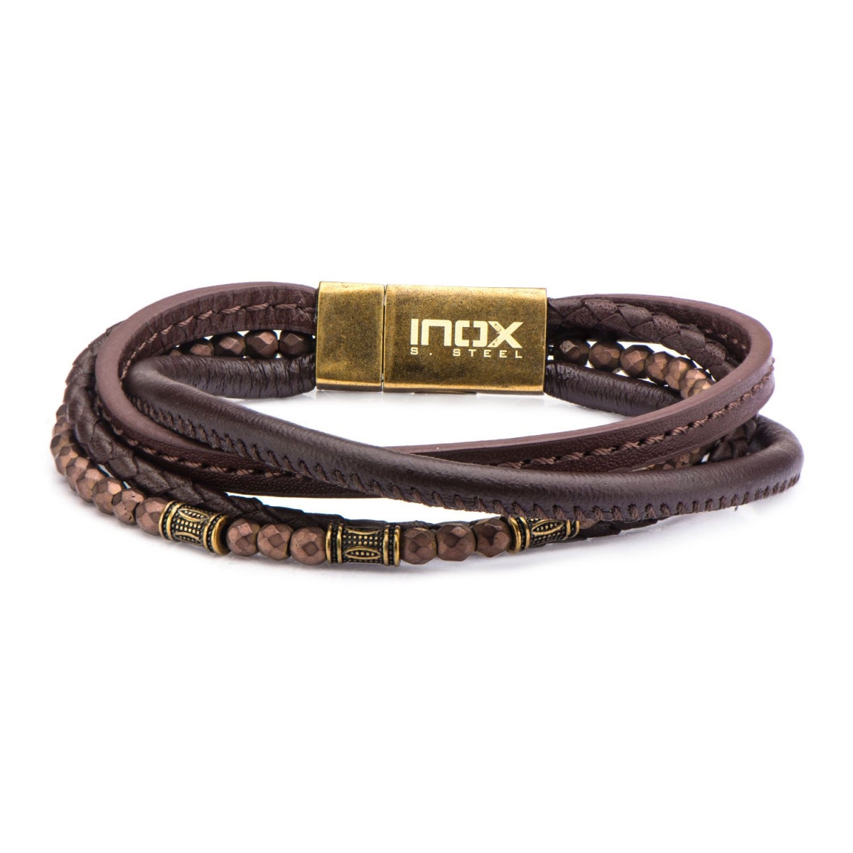 Brl1141 Multi Layered Brown Leather & Black Hematite Beads Bracelet
