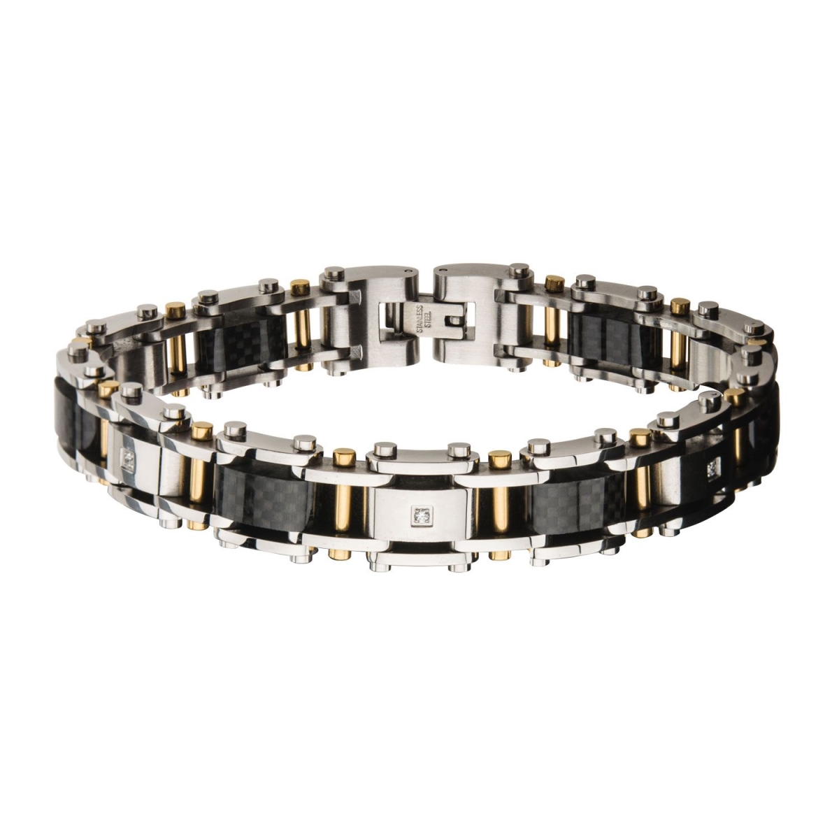 Br20129g Stainless Steel Solid Carbon & Gold Ip With Clear Cz Link Bracelet