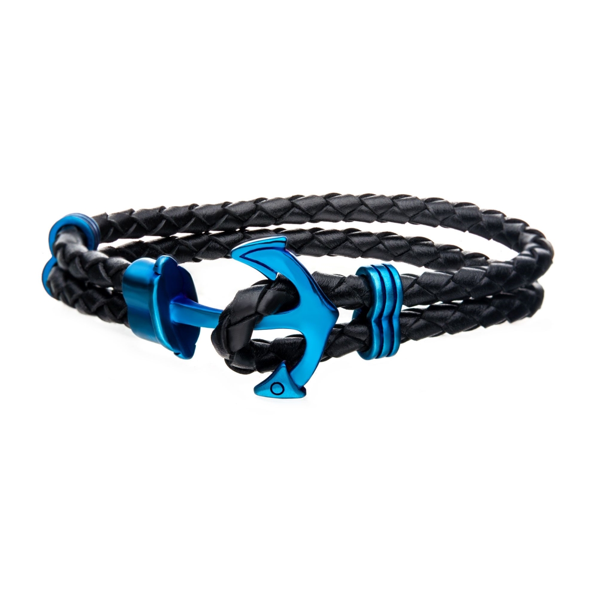 Br19507b 8.5 In. Mens Anchor Bracelet - Black Leather With Blue Ip